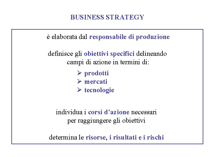 BUSINESS STRATEGY è elaborata dal responsabile di produzione definisce gli obiettivi specifici delineando campi