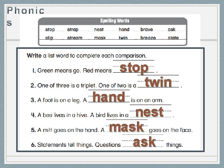 Read the words. stop twin hand nest mask 
