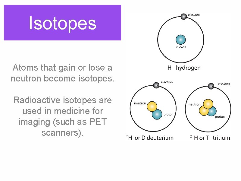 Isotopes Atoms that gain or lose a neutron become isotopes. Radioactive isotopes are used