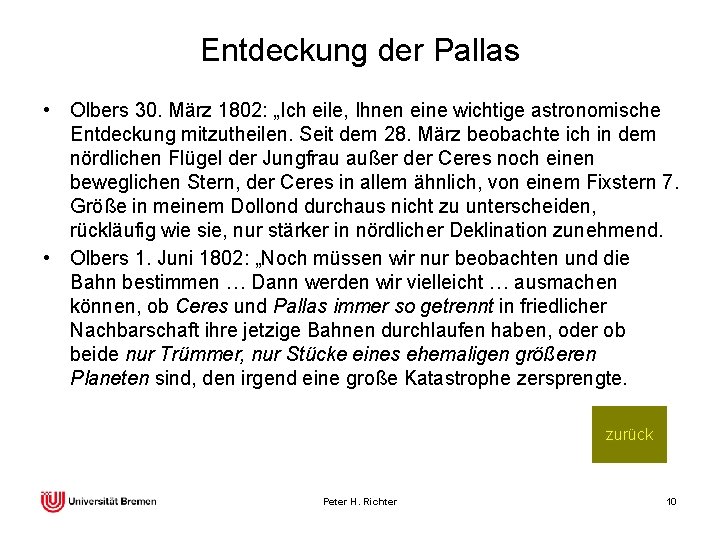 Entdeckung der Pallas • Olbers 30. März 1802: „Ich eile, Ihnen eine wichtige astronomische