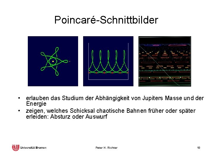 Poincaré-Schnittbilder • erlauben das Studium der Abhängigkeit von Jupiters Masse und der Energie •