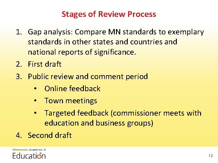 Stages of Review Process 1. Gap analysis: Compare MN standards to exemplary standards in Stages of Review Process 1. Gap analysis: Compare MN standards to exemplary standards in