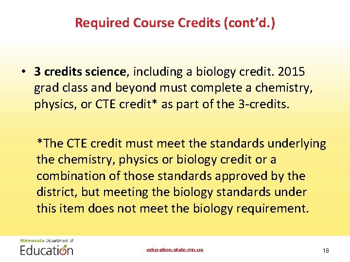 Required Course Credits (cont’d. ) • 3 credits science, including a biology credit. 2015 Required Course Credits (cont’d. ) • 3 credits science, including a biology credit. 2015