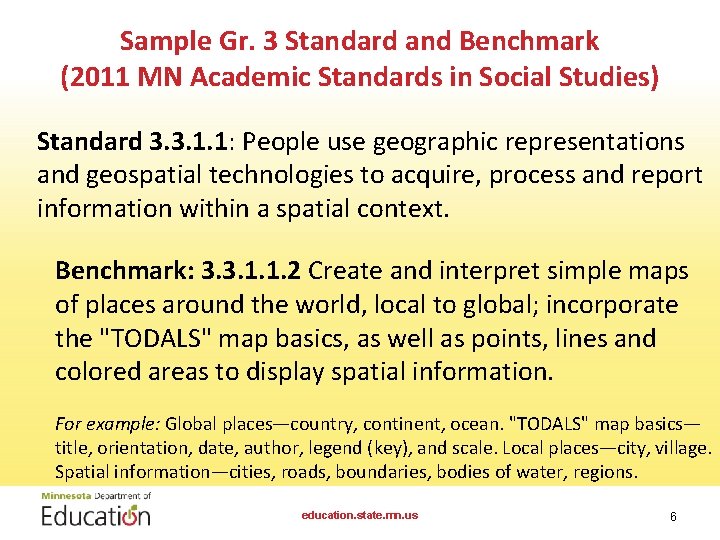 Sample Gr. 3 Standard and Benchmark (2011 MN Academic Standards in Social Studies) Standard Sample Gr. 3 Standard and Benchmark (2011 MN Academic Standards in Social Studies) Standard
