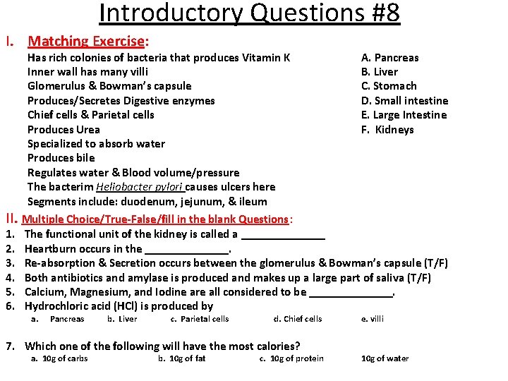 Introductory Questions #8 I. Matching Exercise: Has rich colonies of bacteria that produces Vitamin
