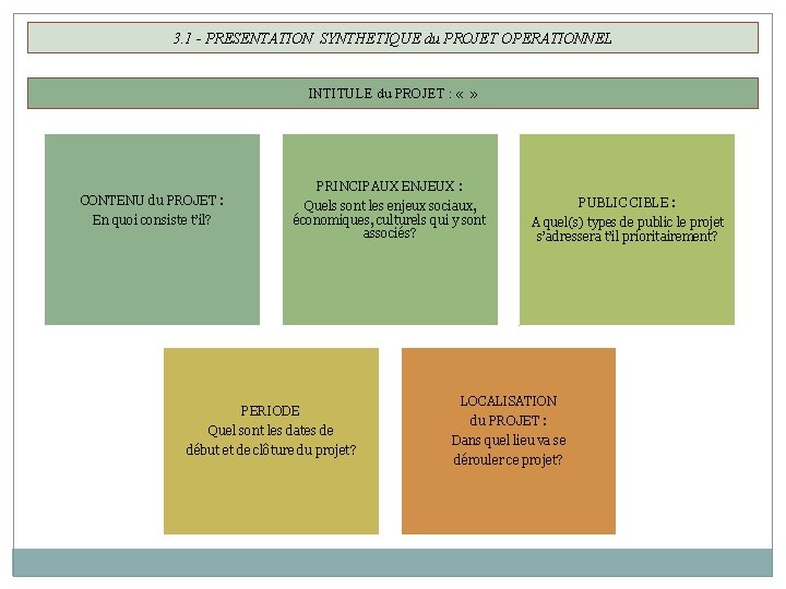 3. 1 - PRESENTATION SYNTHETIQUE du PROJET OPERATIONNEL INTITULE du PROJET : « »