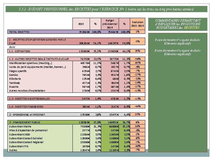 3. 5. 2 - BUDGET PREVISIONNEL des RECETTES pour l’EXERCICE N+ 1 (voire sur