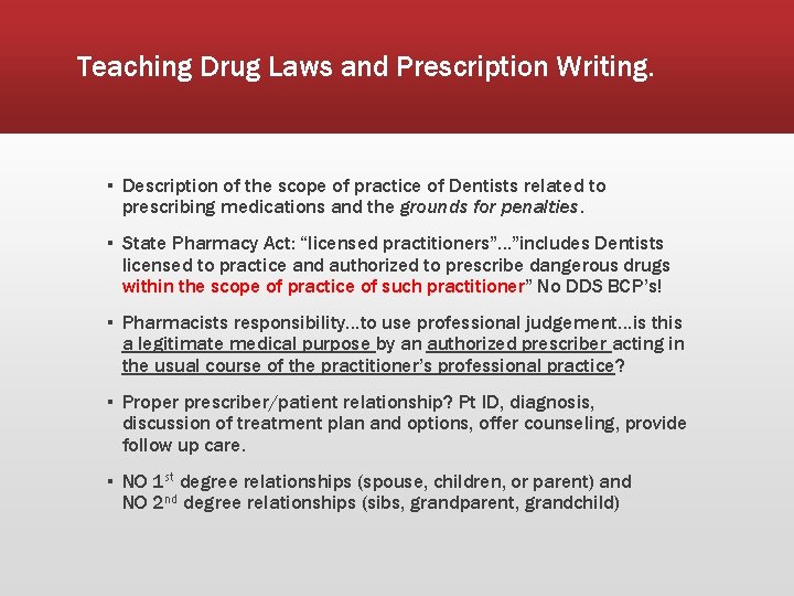 Teaching Drug Laws and Prescription Writing. ▪ Description of the scope of practice of
