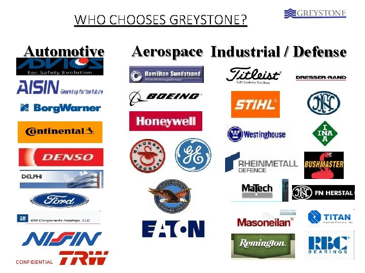 WHO CHOOSES GREYSTONE? Automotive CONFIDENTIAL Aerospace Industrial / Defense 