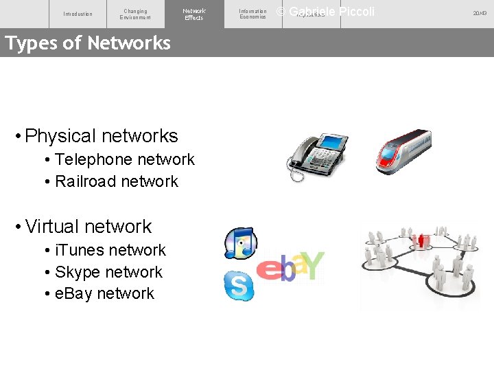 Introduction Changing Environment Network Effects Types of Networks • Physical networks • Telephone network