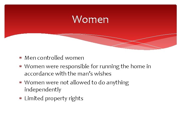 Women Men controlled women Women were responsible for running the home in accordance with