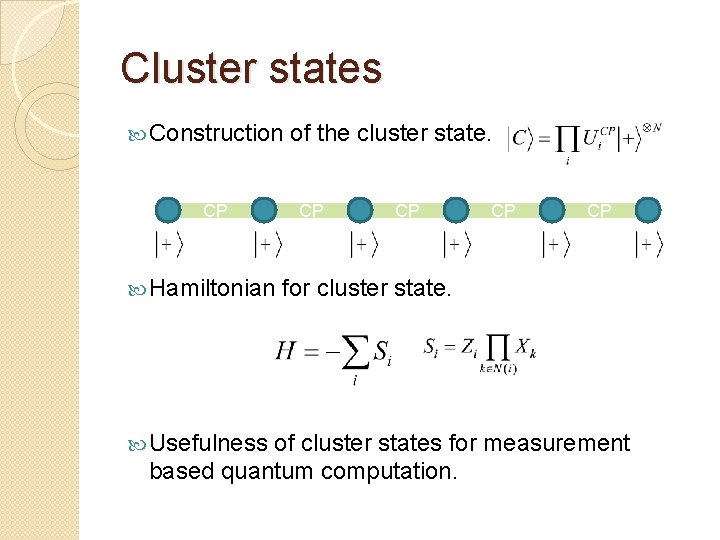 Cluster states Construction CP Hamiltonian Usefulness of the cluster state. CP CP for cluster