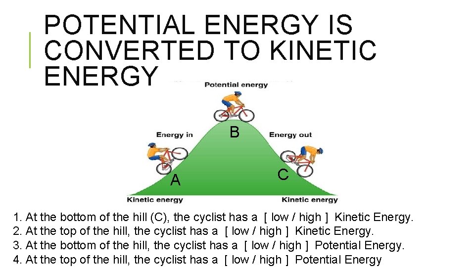 POTENTIAL ENERGY IS CONVERTED TO KINETIC ENERGY B A C 1. At the bottom