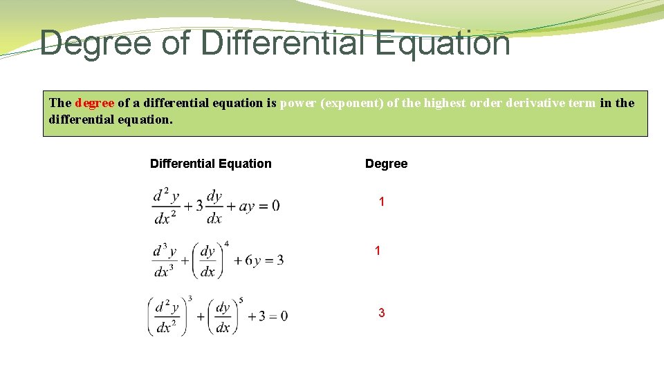 Degree of Differential Equation The degree of a differential equation is power (exponent) of