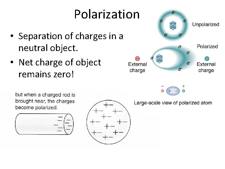 Polarization • Separation of charges in a neutral object. • Net charge of object