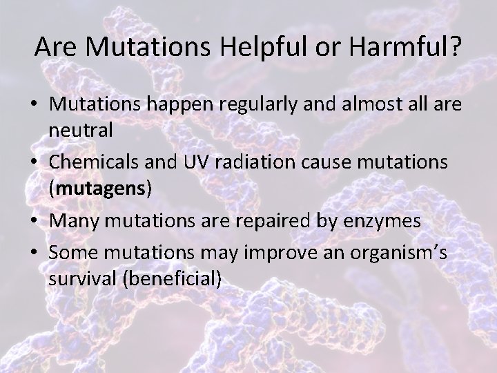 Are Mutations Helpful or Harmful? • Mutations happen regularly and almost all are neutral