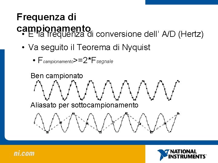 Frequenza di campionamento • E’ la frequenza di conversione dell’ A/D (Hertz) • Va