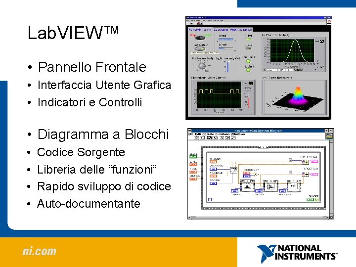 Lab. VIEW™ • Pannello Frontale • Interfaccia Utente Grafica • Indicatori e Controlli •