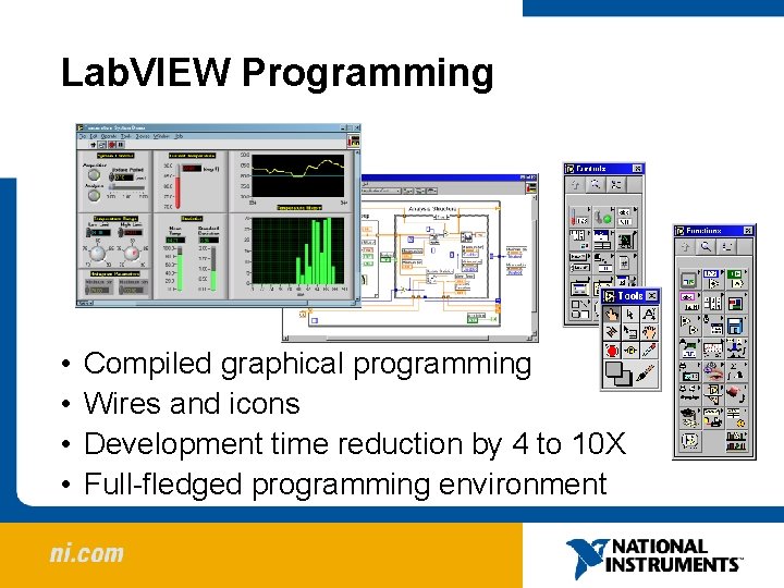 Lab. VIEW Programming • • Compiled graphical programming Wires and icons Development time reduction Lab. VIEW Programming • • Compiled graphical programming Wires and icons Development time reduction