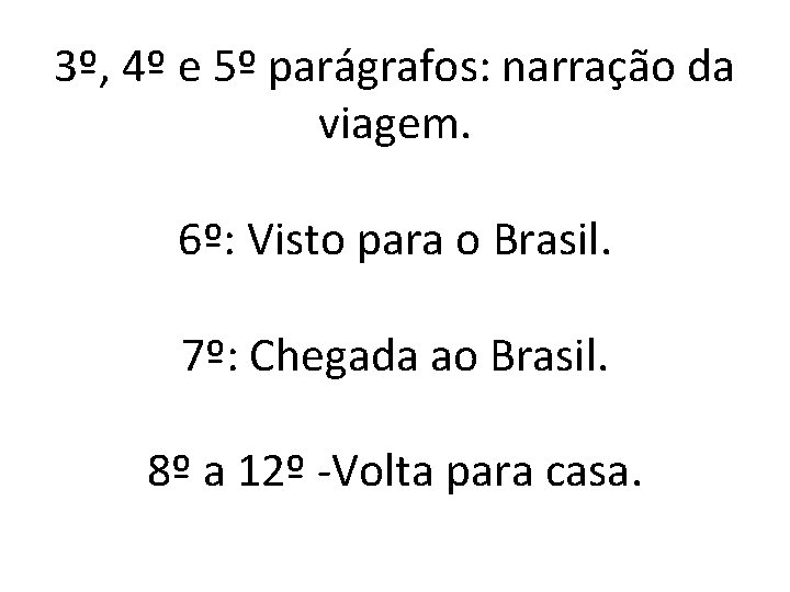 3º, 4º e 5º parágrafos: narração da viagem. 6º: Visto para o Brasil. 7º: