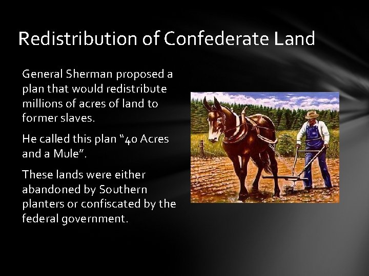 Redistribution of Confederate Land General Sherman proposed a plan that would redistribute millions of