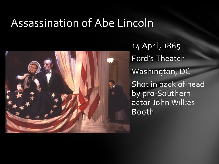 Assassination of Abe Lincoln 14 April, 1865 Ford’s Theater Washington, DC Shot in back
