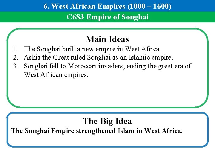 6. West African Empires (1000 – 1600) C 6 S 3 Empire of Songhai