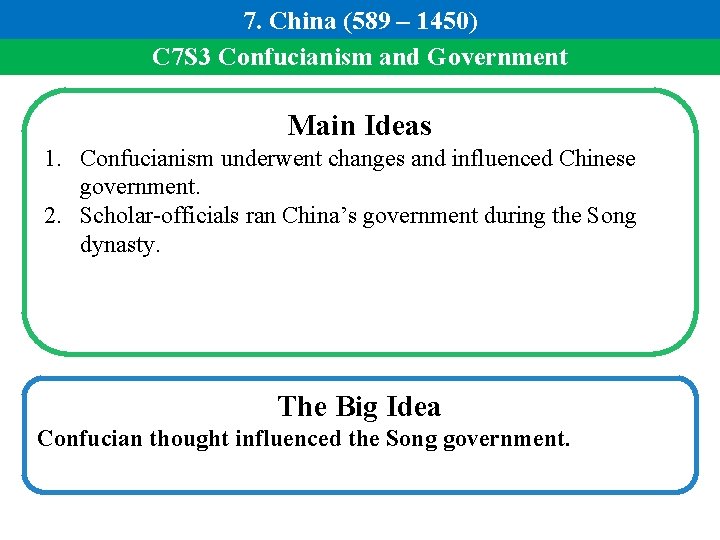 7. China (589 – 1450) C 7 S 3 Confucianism and Government Main Ideas