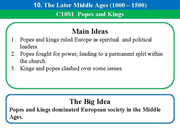 10. The Later Middle Ages (1000 – 1500) C 10 S 1 Popes and