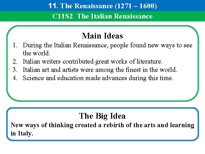 11. The Renaissance (1271 – 1600) C 11 S 2 The Italian Renaissance Main