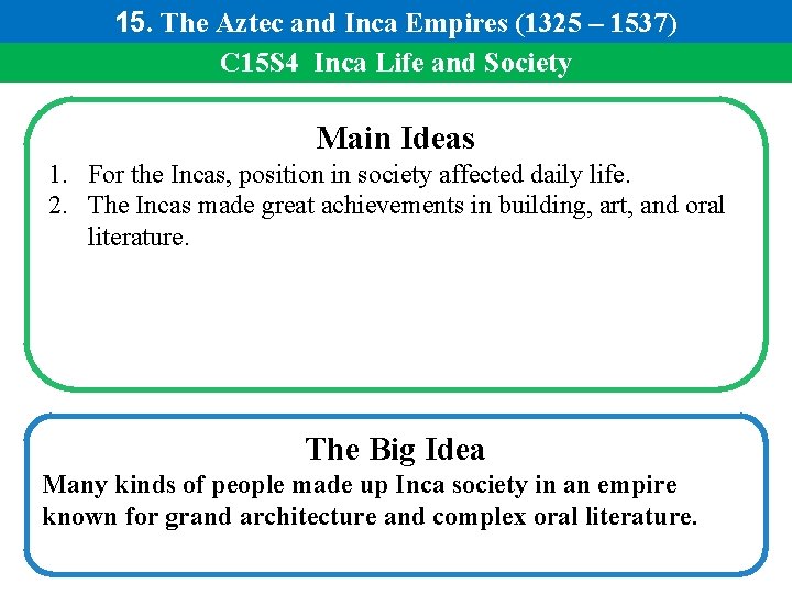 15. The Aztec and Inca Empires (1325 – 1537) C 15 S 4 Inca
