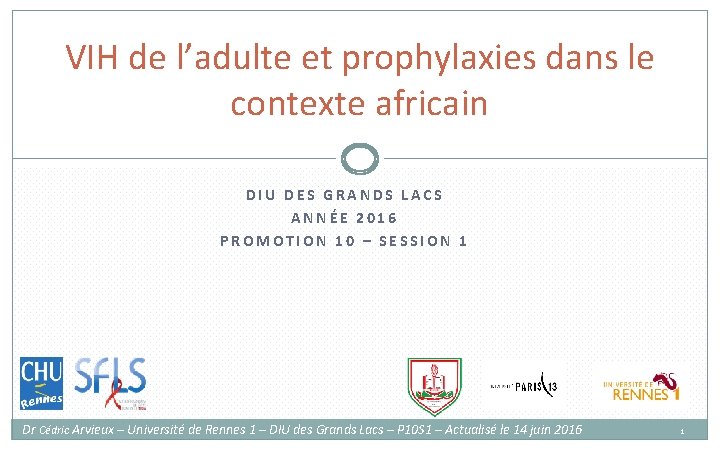 VIH de l’adulte et prophylaxies dans le contexte africain DIU DES GRANDS LACS ANNÉE