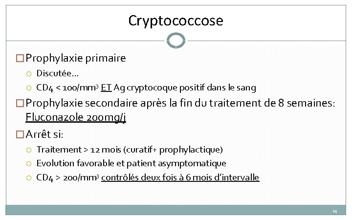 Cryptococcose �Prophylaxie primaire Discutée… CD 4 < 100/mm 3 ET Ag cryptocoque positif dans