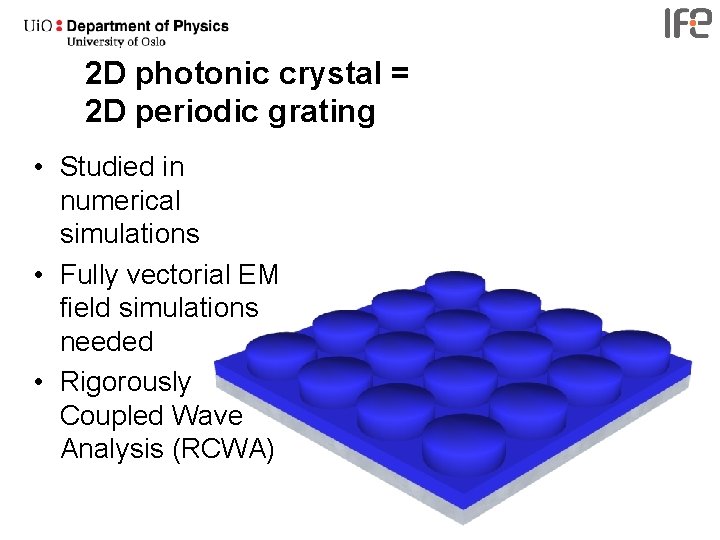 2 D photonic crystal = 2 D periodic grating • Studied in numerical simulations