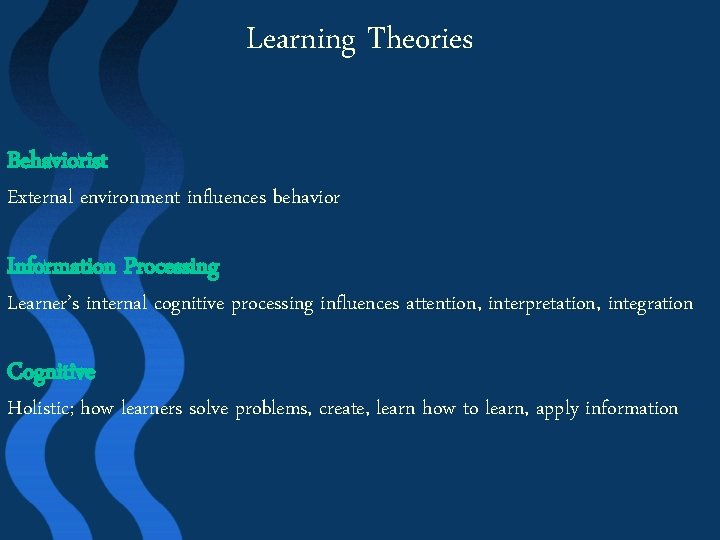 Learning Theories Behaviorist External environment influences behavior Information Processing Learner’s internal cognitive processing influences