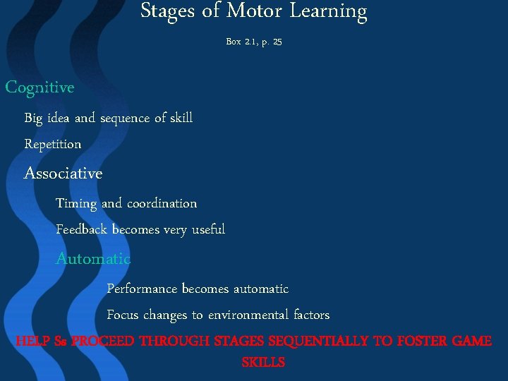 Stages of Motor Learning Box 2. 1, p. 25 Cognitive Big idea and sequence