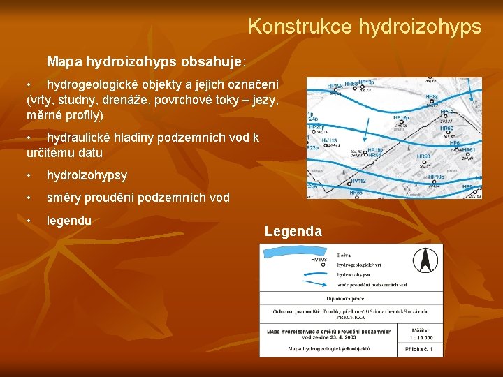 Konstrukce hydroizohyps Mapa hydroizohyps obsahuje: • hydrogeologické objekty a jejich označení (vrty, studny, drenáže,