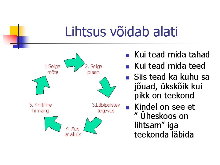 Lihtsus võidab alati n 1. Selge mõte 2. Selge plaan n n 5. Kriitiline