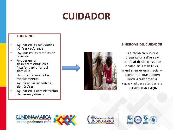 CUIDADOR • FUNCIONES • Ayudar en las actividades básicas cotidianas Ayudar en los cambios