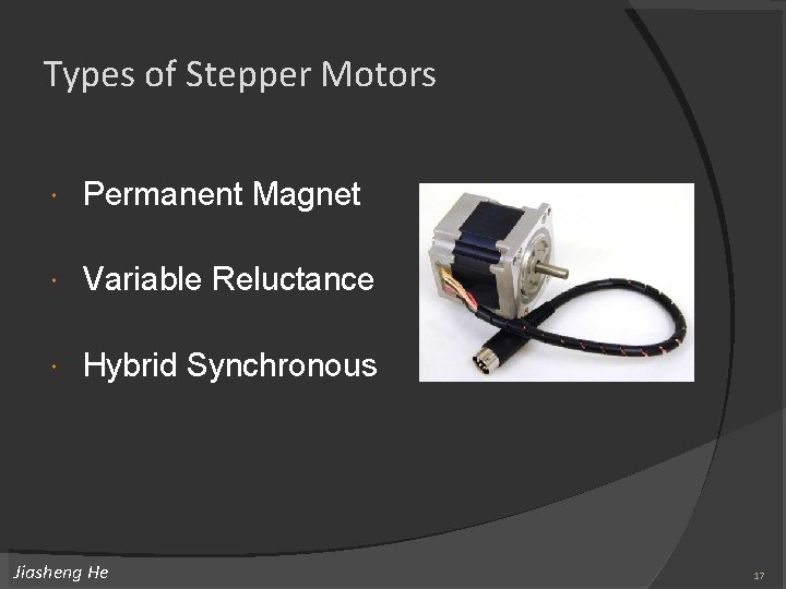 Types of Stepper Motors Permanent Magnet Variable Reluctance Hybrid Synchronous Jiasheng He 17 Types of Stepper Motors Permanent Magnet Variable Reluctance Hybrid Synchronous Jiasheng He 17