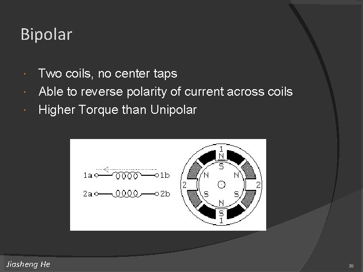 Bipolar Two coils, no center taps Able to reverse polarity of current across coils Bipolar Two coils, no center taps Able to reverse polarity of current across coils