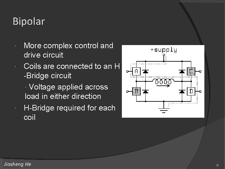 Bipolar More complex control and drive circuit Coils are connected to an H -Bridge Bipolar More complex control and drive circuit Coils are connected to an H -Bridge