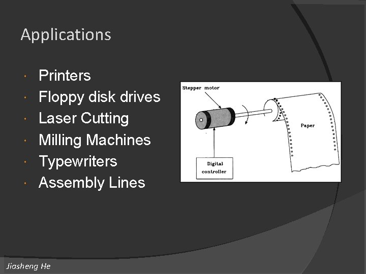 Applications Printers Floppy disk drives Laser Cutting Milling Machines Typewriters Assembly Lines Jiasheng He Applications Printers Floppy disk drives Laser Cutting Milling Machines Typewriters Assembly Lines Jiasheng He