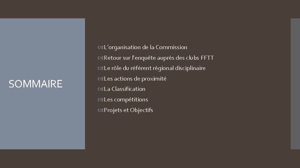  L’organisation de la Commission Retour sur l’enquête auprès des clubs FFTT Le rôle