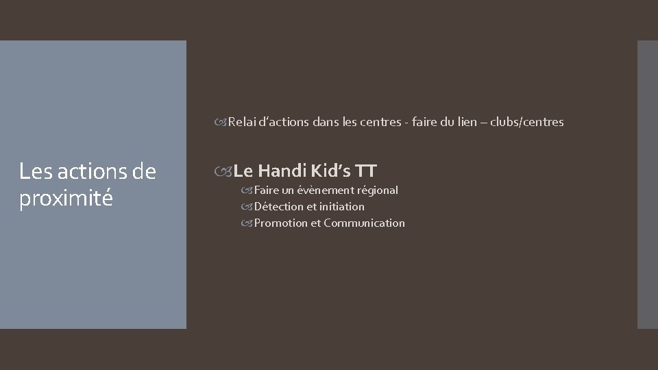  Relai d’actions dans les centres - faire du lien – clubs/centres Les actions