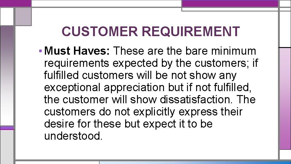 CUSTOMER REQUIREMENT • Must Haves: These are the bare minimum requirements expected by the