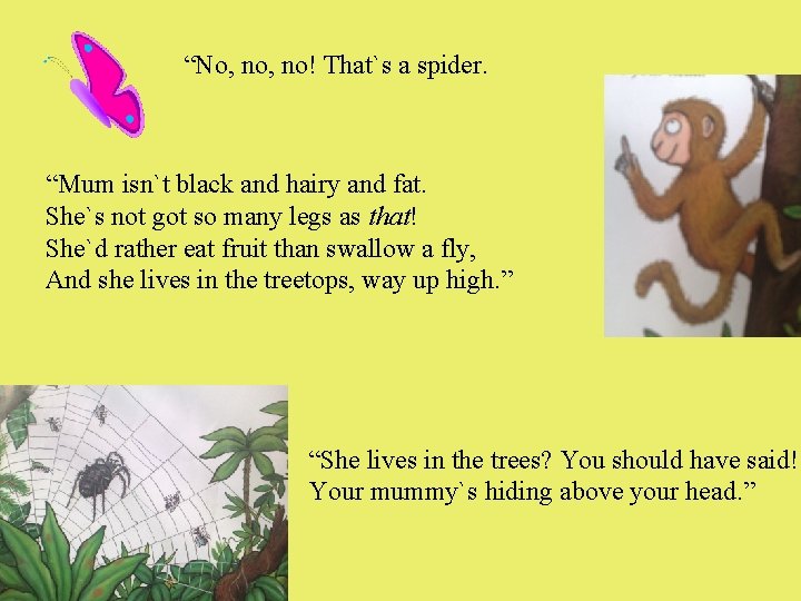 “No, no! That`s a spider. “Mum isn`t black and hairy and fat. She`s not