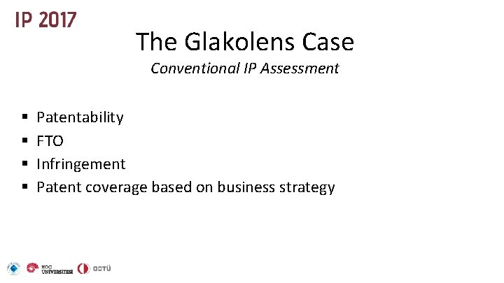 The Glakolens Case Conventional IP Assessment § § Patentability FTO Infringement Patent coverage based