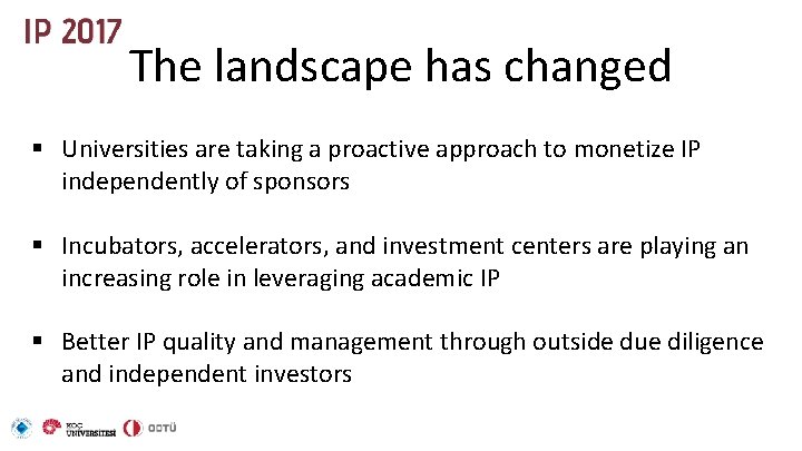 The landscape has changed § Universities are taking a proactive approach to monetize IP
