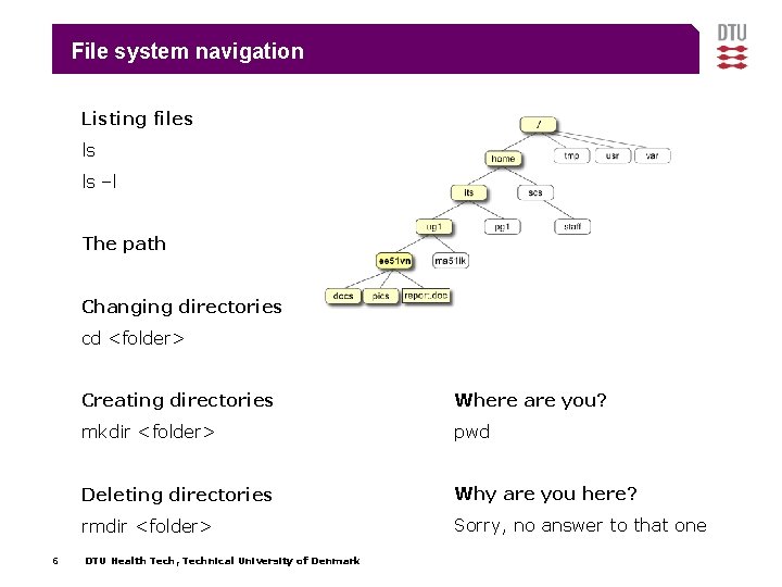 File system navigation Listing files ls ls –l The path Changing directories cd <folder>